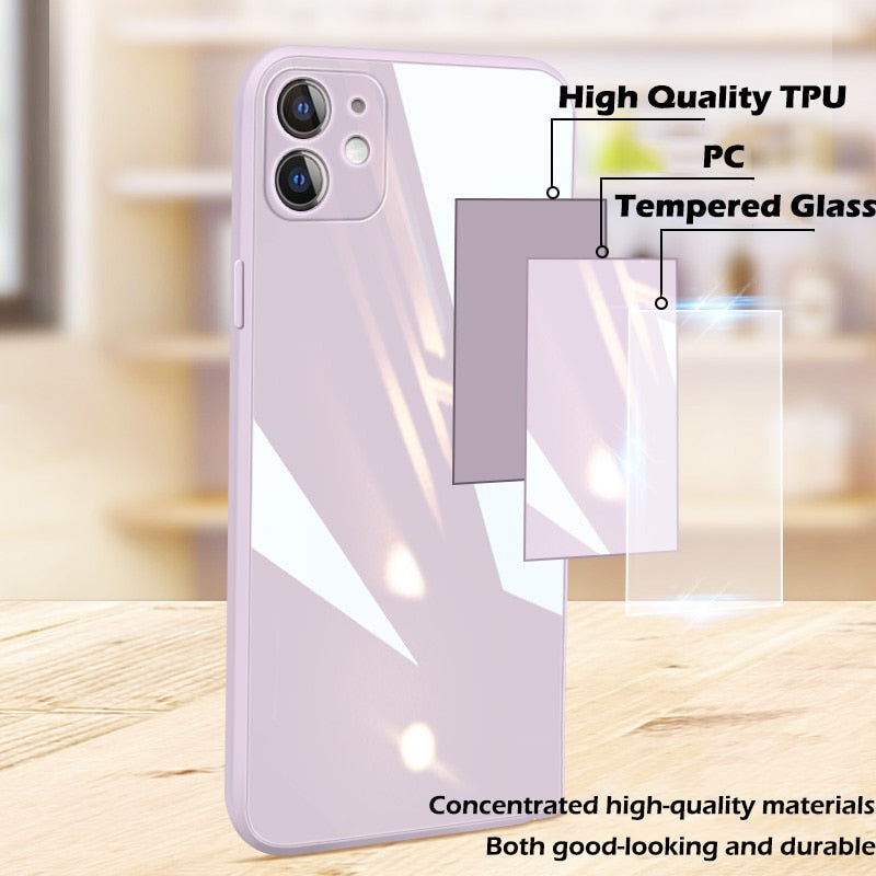 Square Tempered Glass Case For iPhone 11 12 Pro Max Case Anti-knock Baby Skin Fram Cover For iPhone X XS MAX XR 7 8 Plus